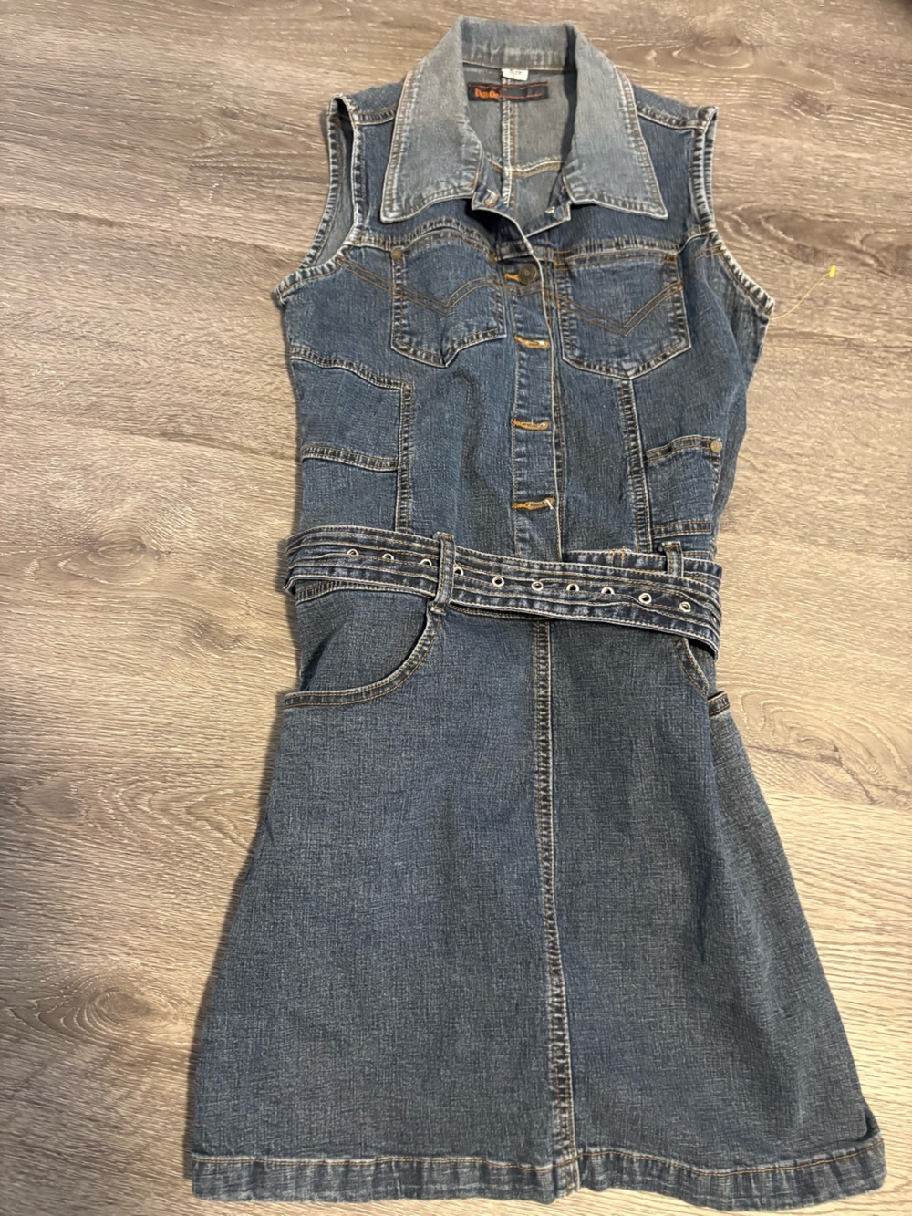 Sleeveless Dark Blue Denim Overall Dress with Studded Waist Belt